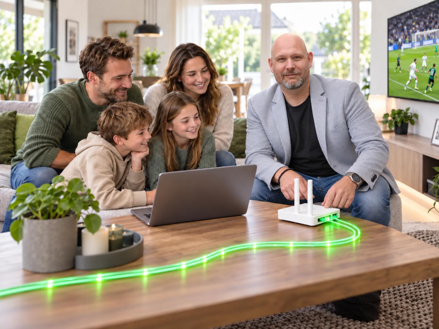 Kai mit einer Familie im Wohnzimmer am Glasfaser-Router